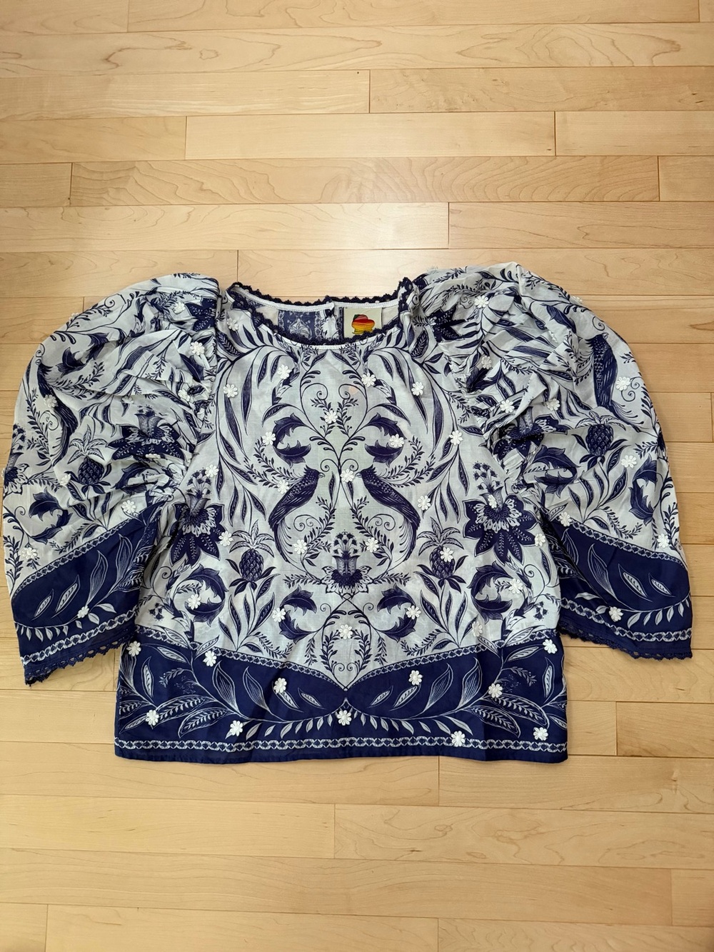 FARM Rio Blue and White Botanical Puff-Sleeve Top - Picture 4 of 7